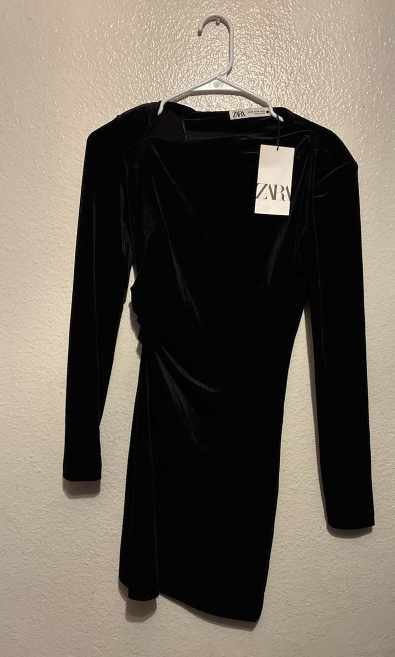 Zara Draped Velvet Dress Size XS Black Long Sleeve Mini
